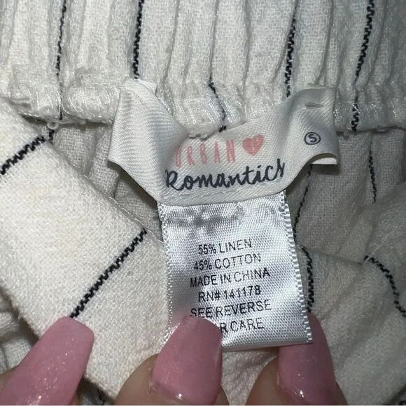 Urban Romantics White Striped Paperbag Waist Linen Wide Leg Cropped Trouser Pant - Picture 6 of 8